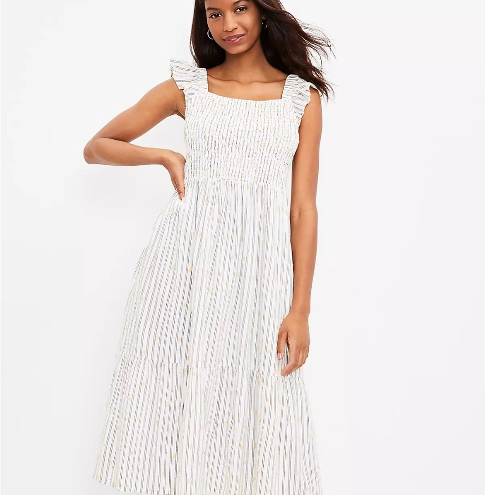 Stripe Smocked Ruffle Midi Dress